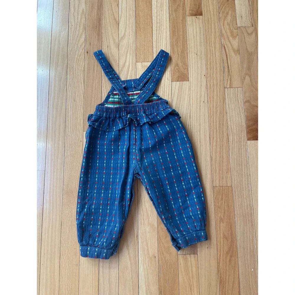 Vintage OshKosh Bgosh Blue Heart Stripe Ruffle Overalls 24M Made in USA